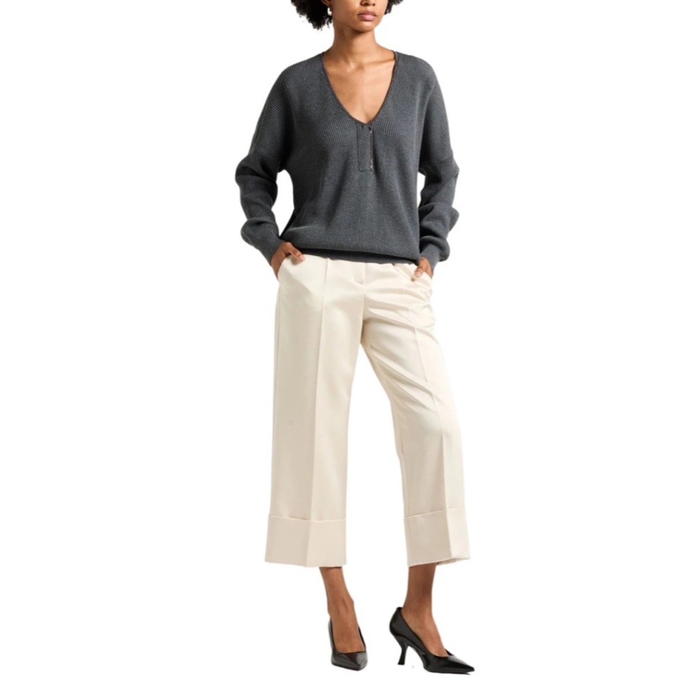 Brunello Cucinelli Charcoal Ribbed V-Neck Sweater